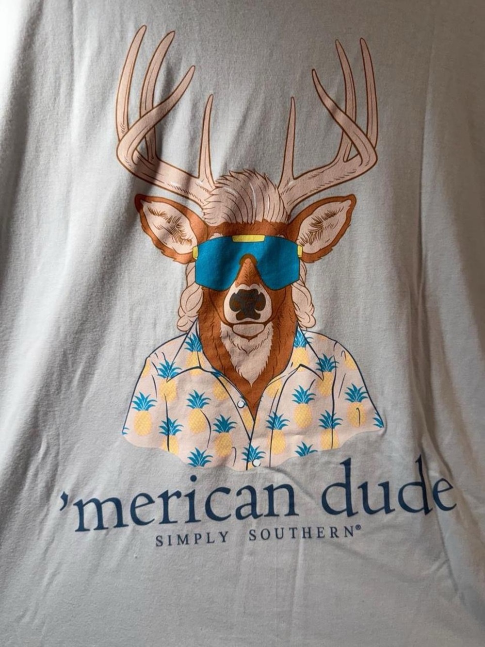 Simply Southern Light Gray 'Merican Dude Graphic Tee with Blue Sunglasses